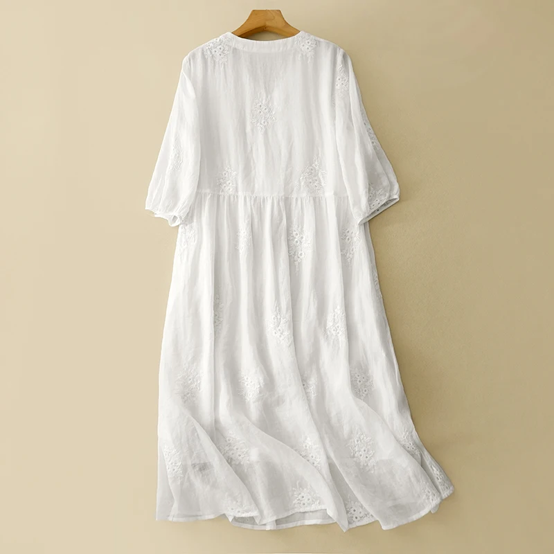 Verão novo v-ne bordado linho dupla camada longa dr lanterna sve emagrecimento a linha saia de cintura alta commute sle