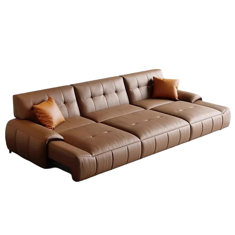 Leather sofa retractable small apartment, living room straight row three people