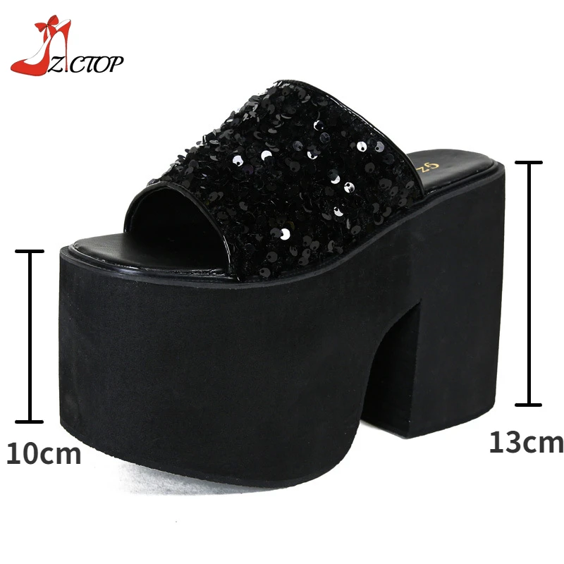 10cm Platform Chunky Heels Sandals Women Bling Open Toe Slip On Thick Bottom Mules Black Punk Shoes Summer Outdoor Slippers