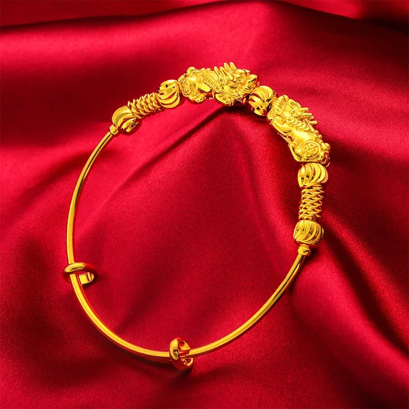 24k gelang manik-manik Transfer Pixiu warna kuning emas untuk wanita gelang emas hadiah perhiasan bagus tidak pudar