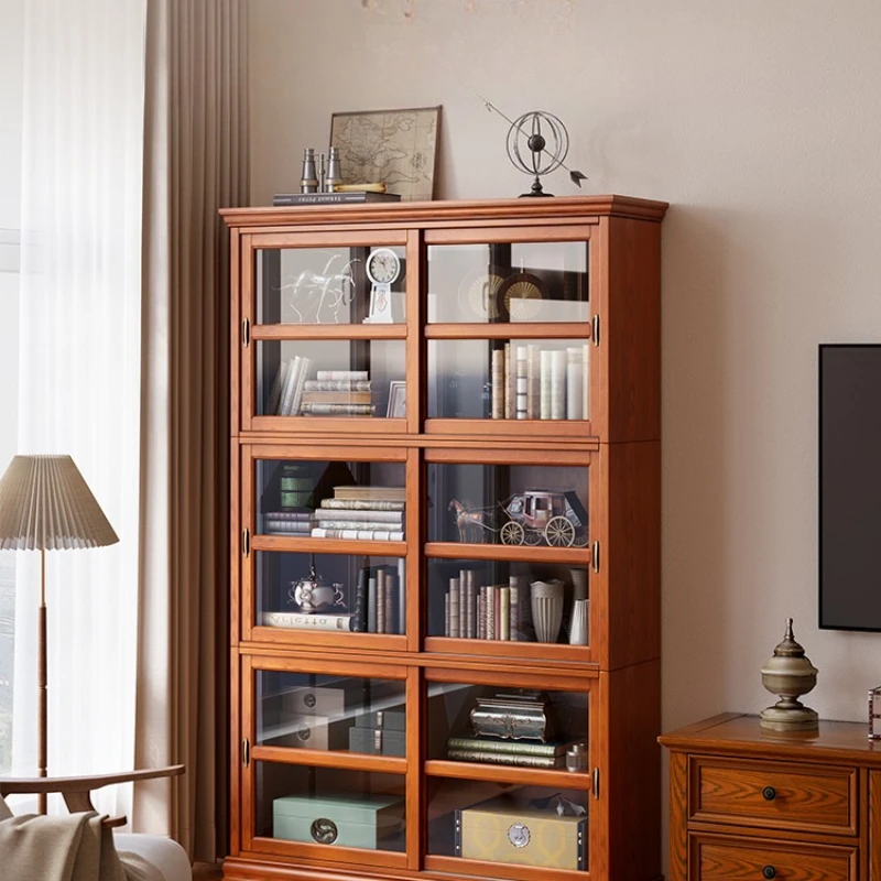 

American solid wood bookcase with glass door dust-proof household retro display cabinet living room floor sliding door