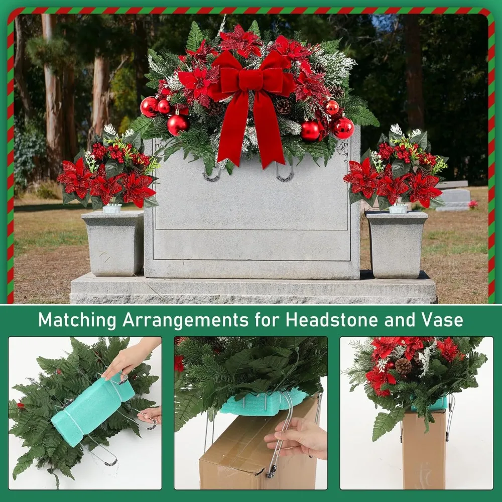Flores artificiales de cementerio, sillín de flores de Navidad esmeriladas de nieve con cinta, ramos conmemorativos de Poinsettia roja