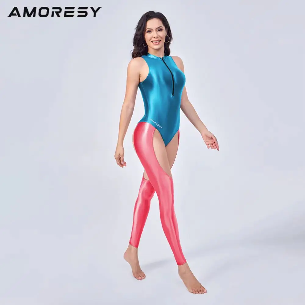 KNOW DREAM  One piece tight fitting clothing with silky front zipper jumpsuit Women's swimsuit