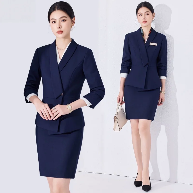 Gray suit business attire for women, spring and autumn style, hotel manager workwear, jewelry store front desk business uniform
