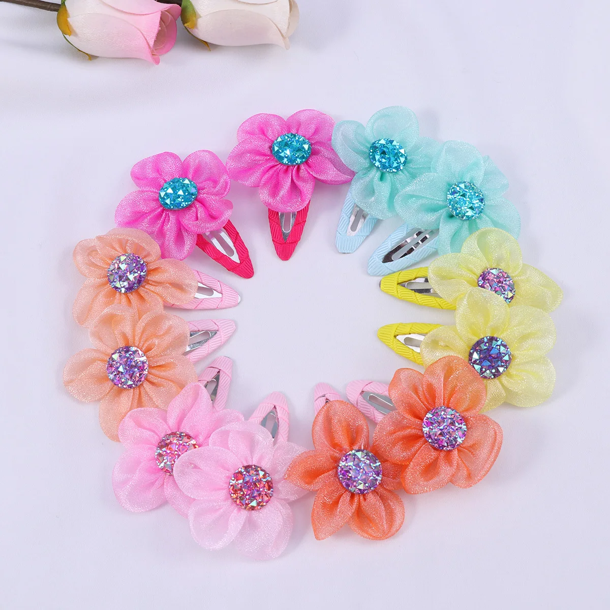 

28Pcs Colorful Rhinestone Flower Hairpins Snap Buckle Hair Clips for Baby Girls Kids Hair Bow Barrettes Accessories