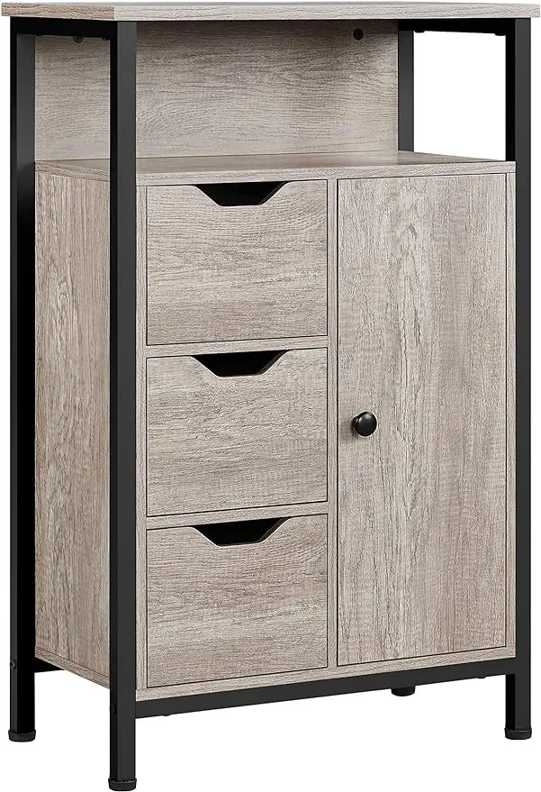 

Industrial Bathroom Floor Cabinet, Freestanding Wooden Organizer, Multiple Tiers Storage Cabinet with 3 Drawers, 1 Door & Shelf