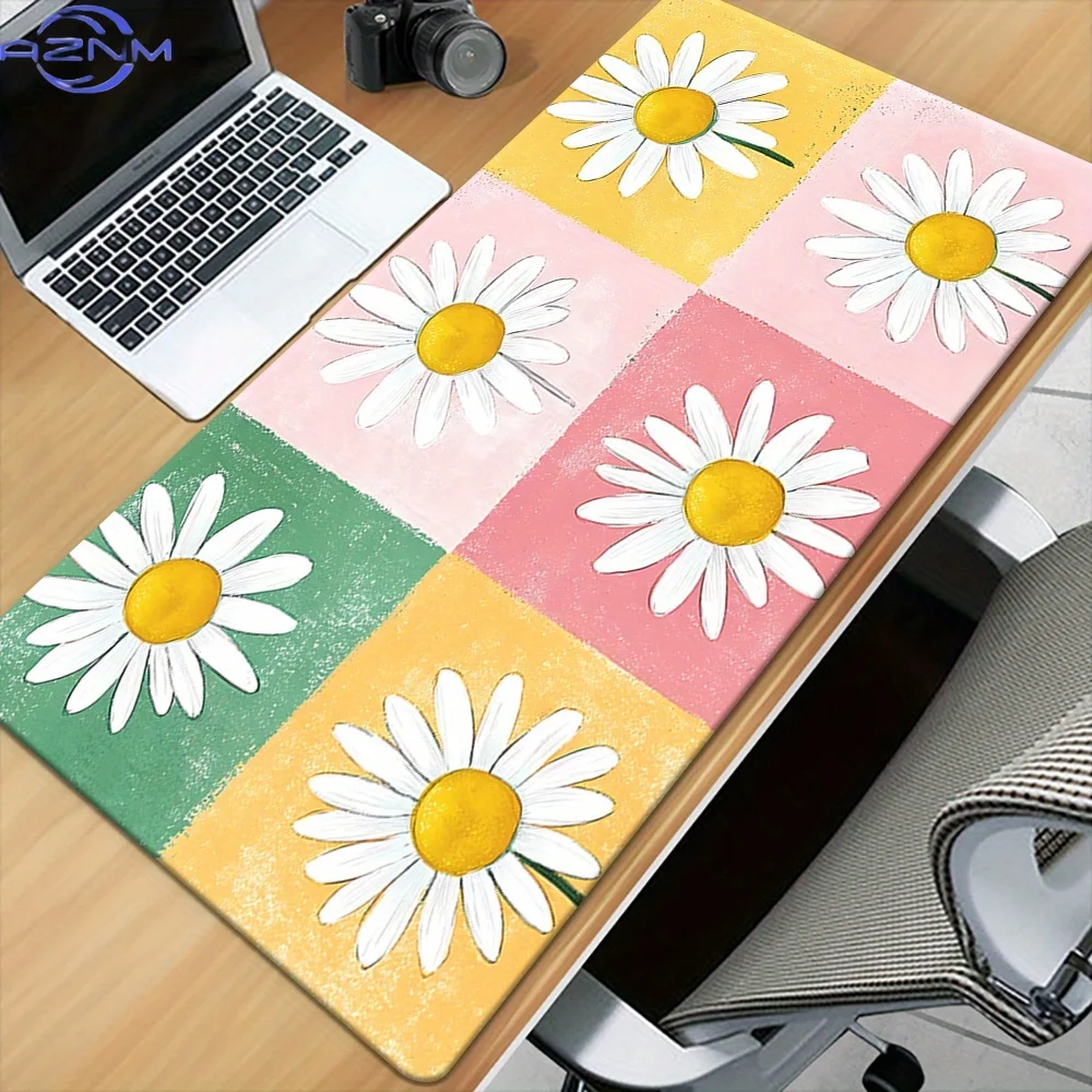 1pc Large Daisy Mouse Pad with Non-Slip Rubber Base & Soft Fabric Surface - Pastel Pink, Yellow, Green, White Floral Desk with W