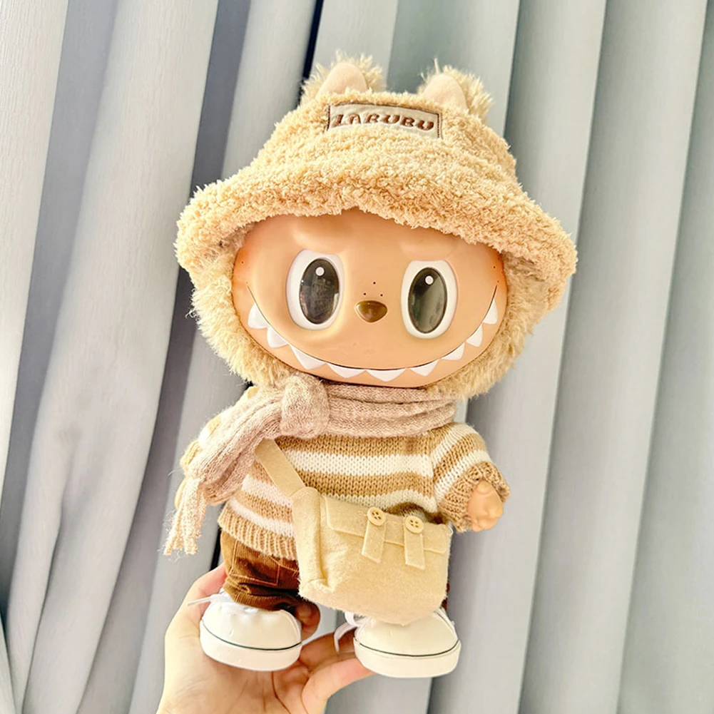 For 38cm Labubu Doll Clothes Fashion Clothes Curry White Striped Sweater Doll Clothes Color Match Hoodies  Dolls Accessories