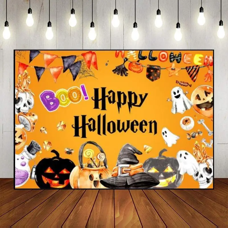 Halloween Background Photography Backdrops Full Moon Photo Banner Custom Birthday Backdrop Spider Decoration Bat Lantern Pumpkin