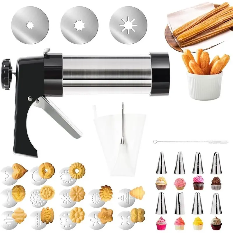 B23B 3-In1 Churro Maker & Spritz Cookie Pressgun Kit, 8 Icing Nozzles For Homemade Cookies Churros