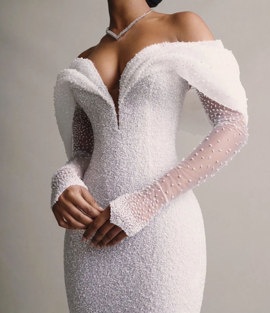 

Новое свадебное платье русалки по индивидуальному заказу с дизайном с открытыми плечами, глубоким v-образным вырезом и длинными рукавами, съемным хвостом, Vestido De Noiva