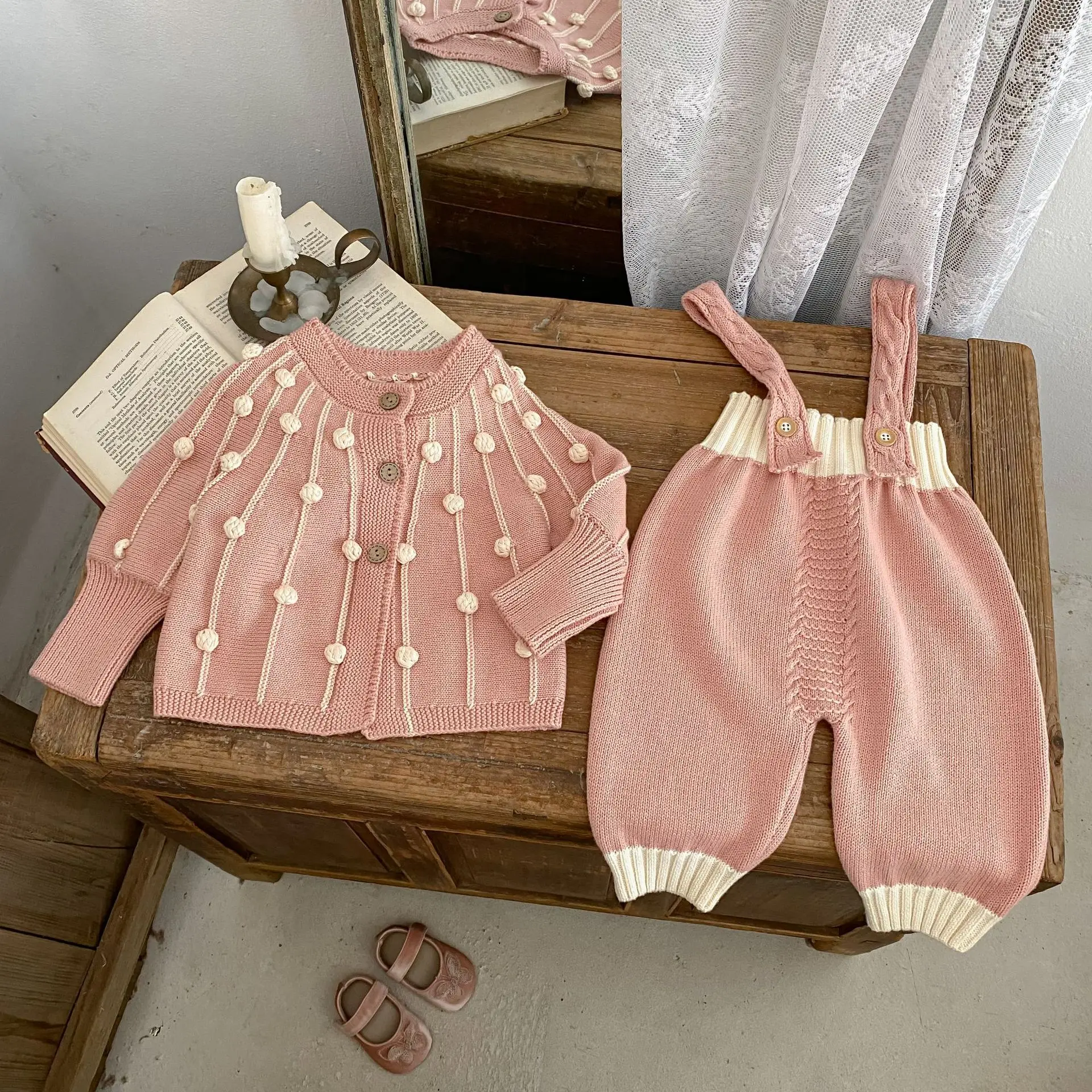 

2025 Autumn Baby Girls Cute Knit Sets Cardigan Round Neck Cotton Long Sleeve Open Coat Toddler Sweater Overalls Outfit 0-3 Years