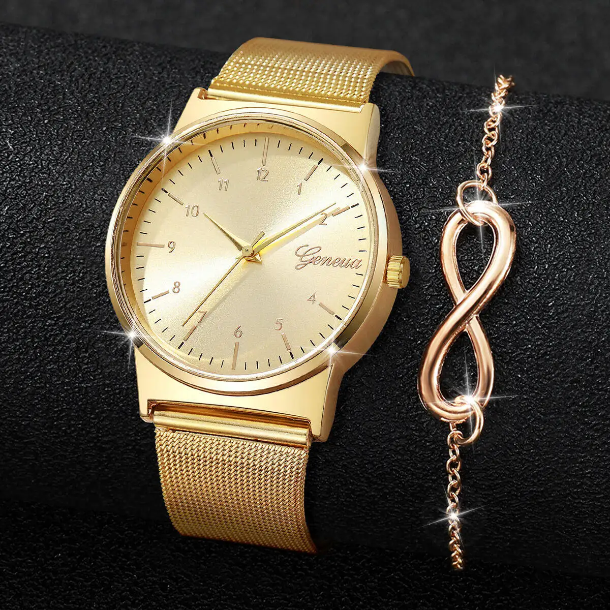 2개/세트 패션 아랍어 다이얼 여성 시계 심플 메쉬 밴드 여성용 쿼츠 손목시계 팔찌 세트 여성 시계(상자 없음)