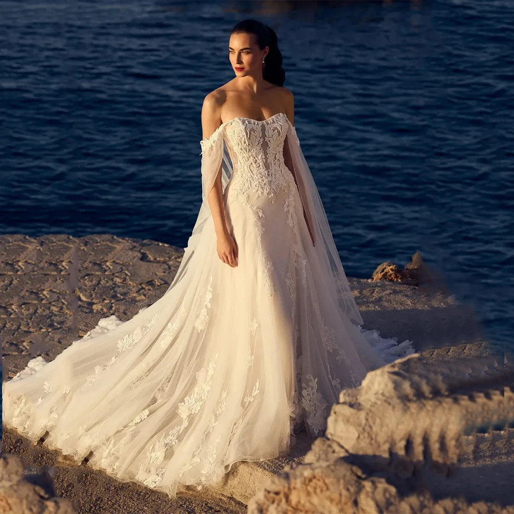 

Белые свадебные платья из тюля по индивидуальному заказу с открытыми плечами, сексуальная милая, высококачественная трапеция длиной до пола, с аппликациями