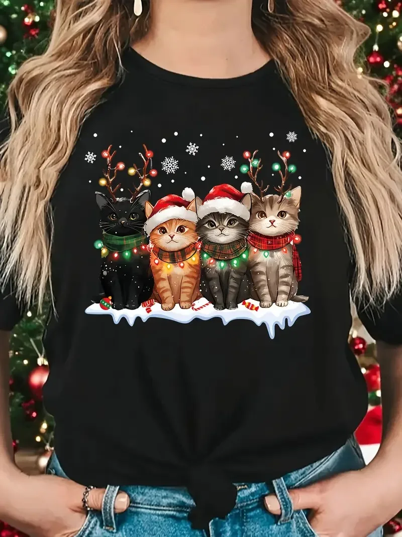

Christmas animal cat printed round neck women's T-shirt fashion festival party street Daily short sleeved Loose women's clothing