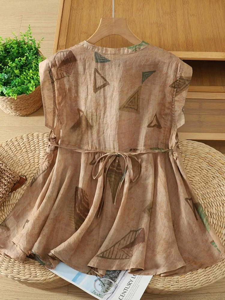 Retro Floral Print Linen Sleeveless Shirt Women Summer Slimming Casual Babydoll Top Breathable Loose Fit round Neck Open Card...
