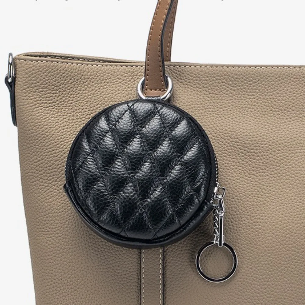 Genuine Leather Round Coin Purse Pendant Portable Earphone Pouch Mini Bag Key Ring Car Keychain with Zipper Card Holder Bag Case