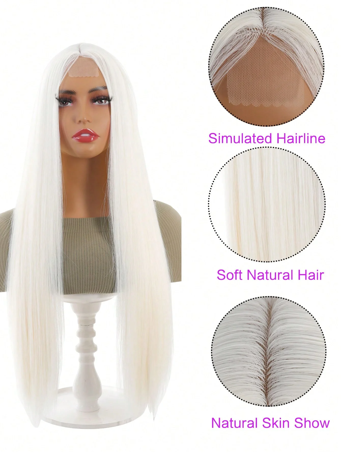 Synthesis Long Straight White Natural Wig No Bangs Heat Resistant Premium Synthetic Wig Hair Set