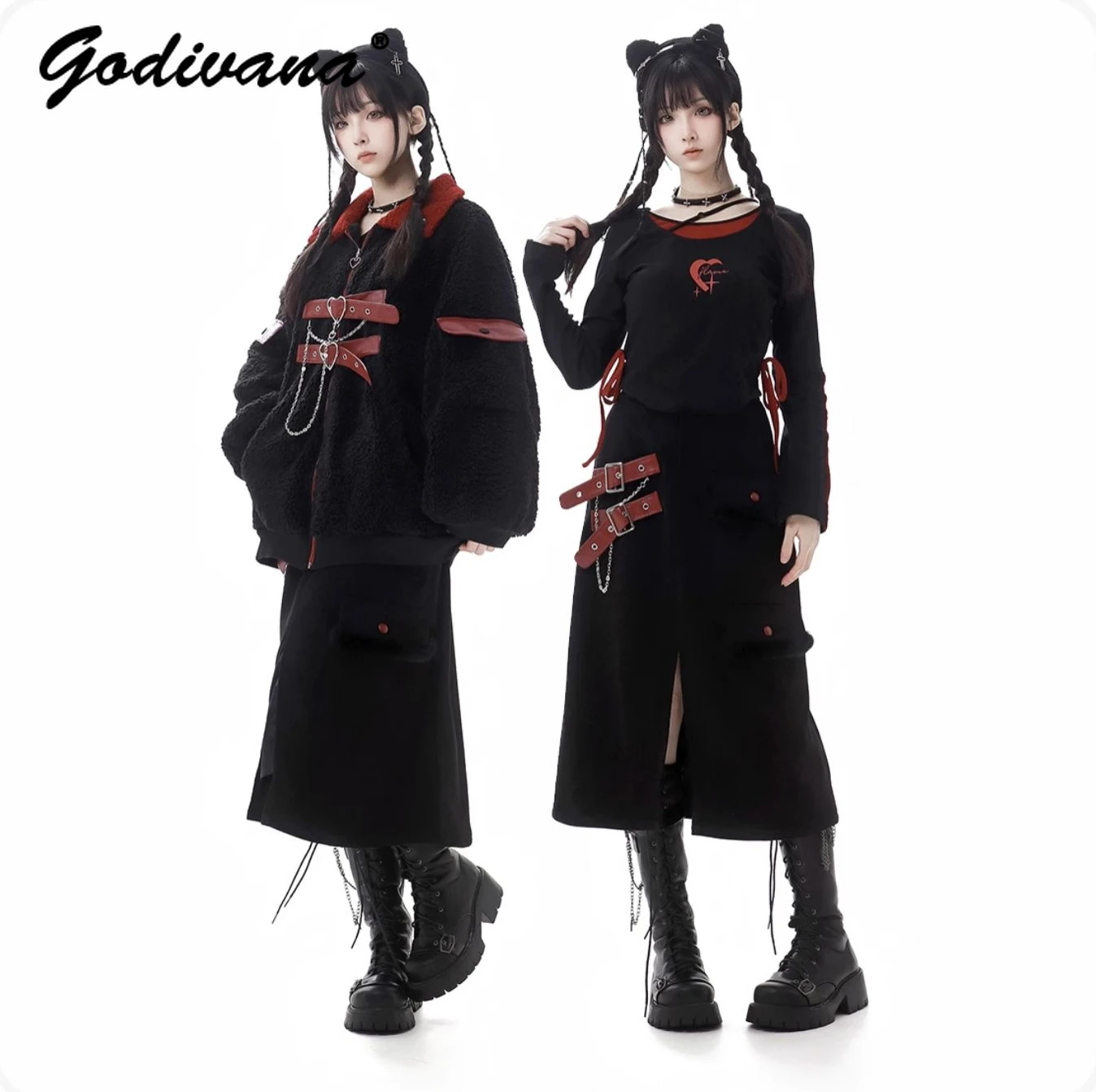 Subculture Y2K Girls Cool Red and Black Color Matching Leather Furry Jacket Basic Shirt and Skirt Autumn Winter Women's Outfits