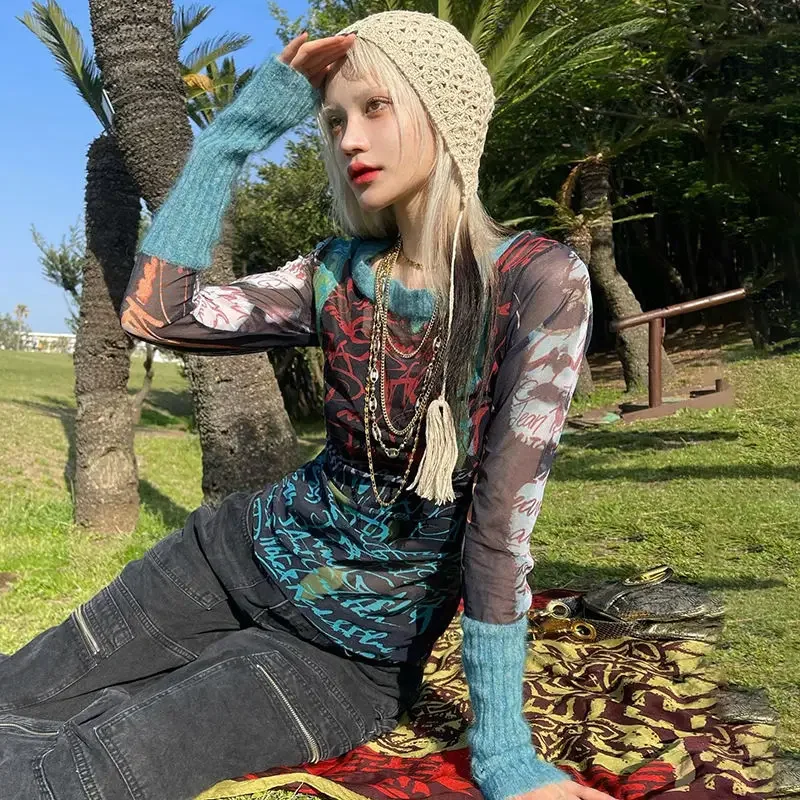 

Y2k T-shirts Women O-neck Mesh Patchwork Printed Slim Fashion High Street Long Sleeve Tops Cool Girl Hip Hop All-match Hipster