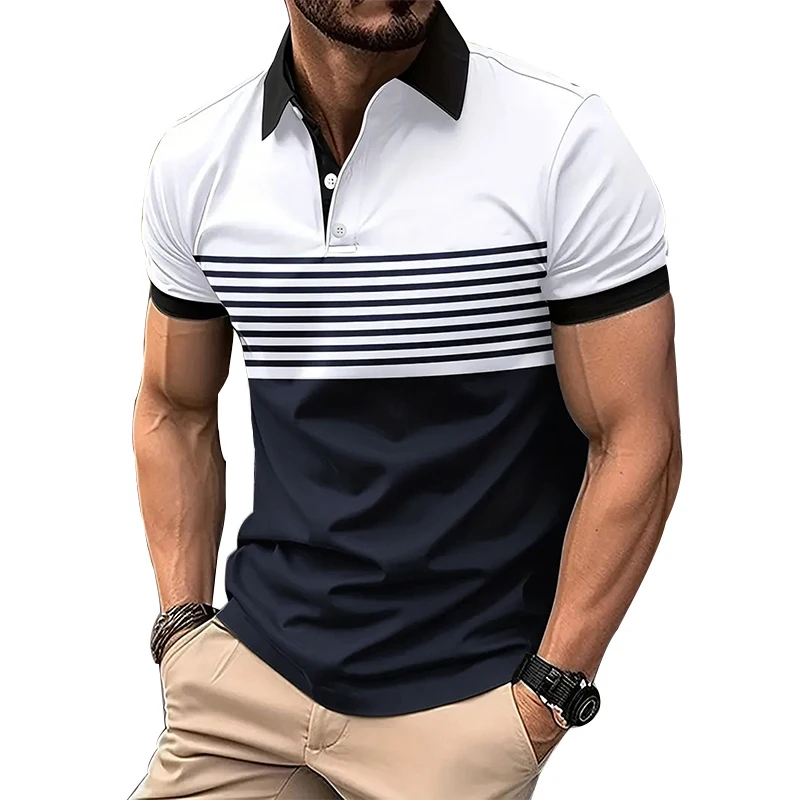 Polo d'été rayé imprimé en 3D pour hommes, Streetwear à la mode, surdimensionné, bouton, revers, manches courtes, t-shirts, hauts, vêtements pour hommes