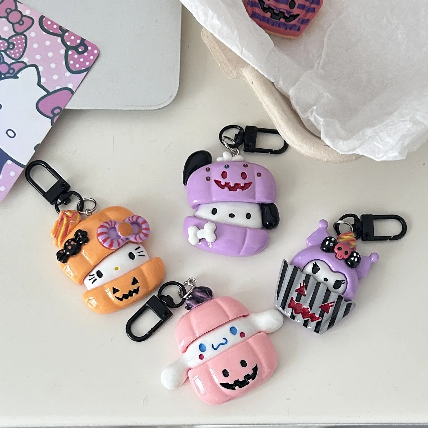 Sanrias Halloween Keychain Anime Hello Kittys Kuromi Cinnamoroll Pumpkin Pendant Jewelry Diy Phone Charms Key Ring for Girl Gift