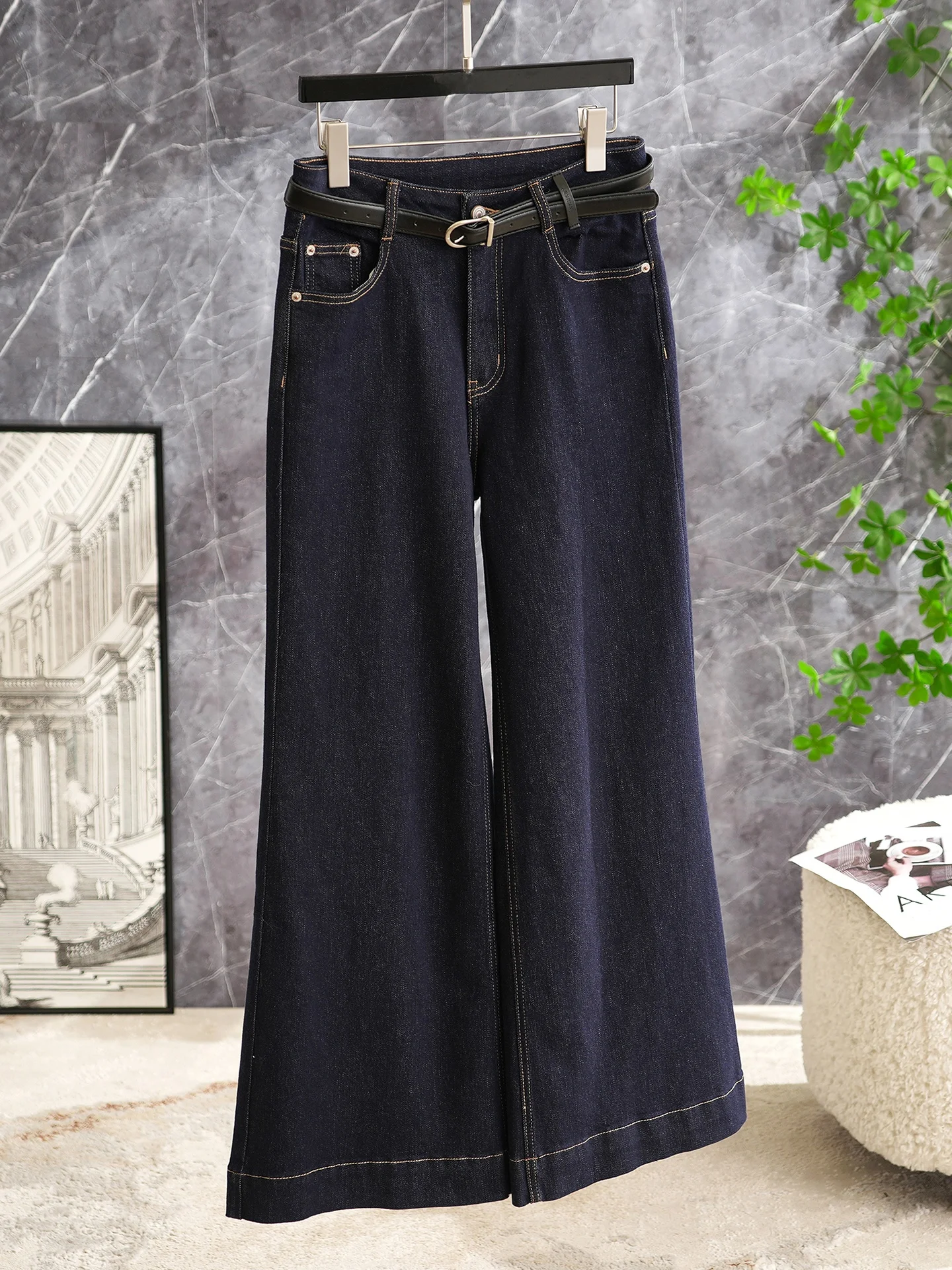 

Retro Feel Deep Blue Micro Flared Jeans with Embroidery And Contrast Stitching Ladies Cotton Denim Trousers for Daily Wear