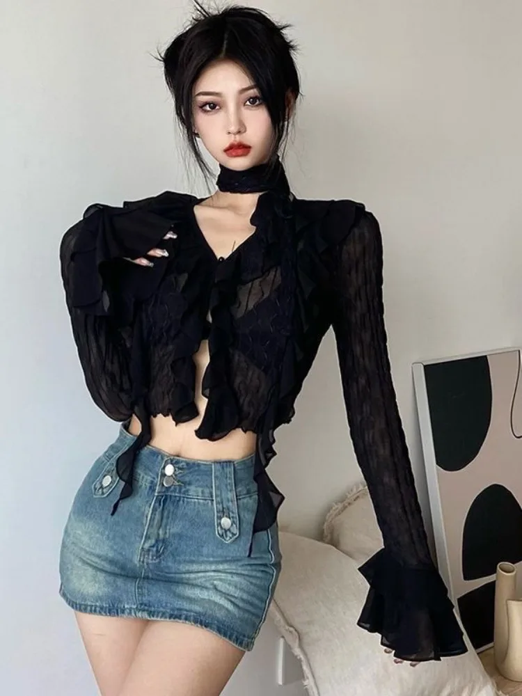 V Neck Sexy Black Crop Blouse Women Ruffled Slim Harajuku Slim Fit Tops Y2k Aesthetic Bandage Grunge Blusas Streetwear De Mujer