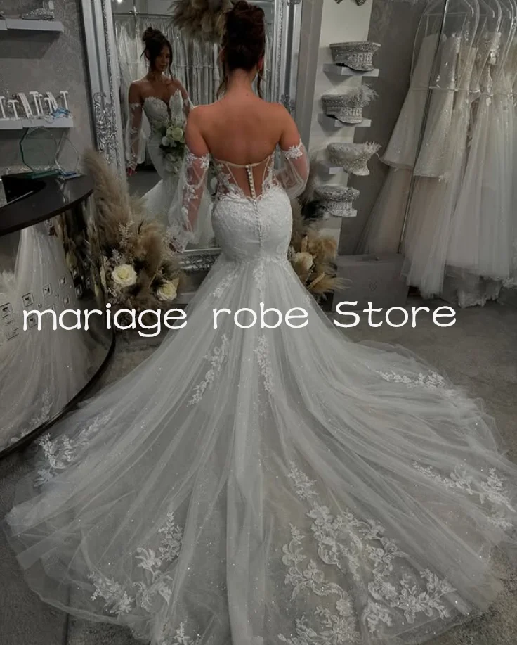 Sequined Baroque Lace Mermaid Wedding Dresses With Remove Long Sleeve Applique Sweetheart Sexy Beach Bridal Gown Customsized