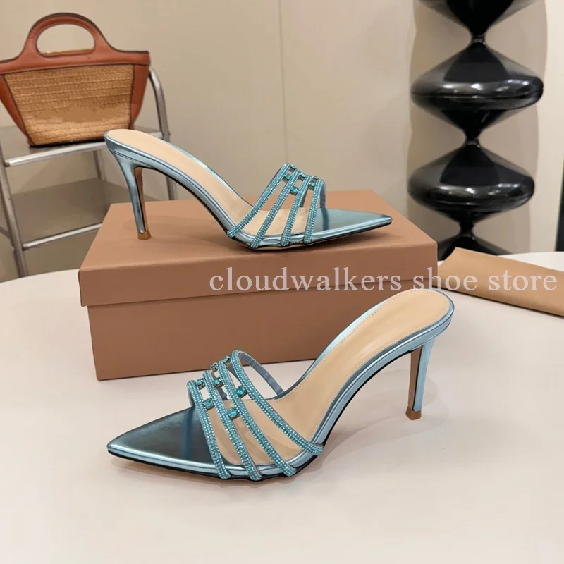 

Изысканные летние туфли-мюли ручной работы с бриллиантовым ремешком, на шпильке, с острым носком, для вечеринок, разноцветные, элегантные