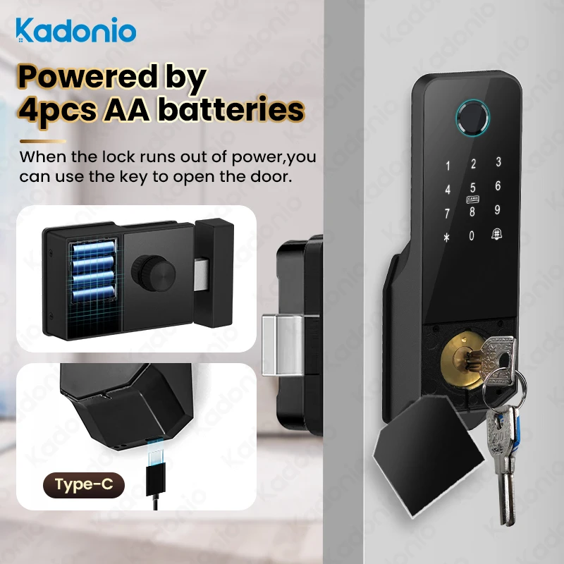 005 Kadonio Outdoor Waterproof Rim Lock WIFI Tuya APP Stainless Steel Gate Lock Biometric Fingerprint Smart Door Lock