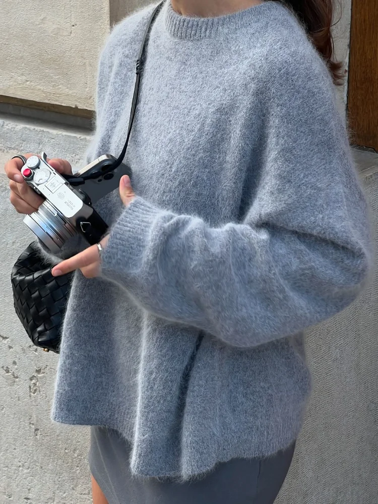 

Casual Brown Knitted Pullover Women Fashion Long Sleeve Solid Loose Round Neck Sweater Lady Daily Commute Street Sweaters 2025