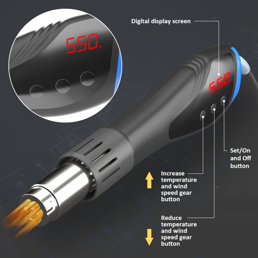 Handheld Hot Air Machine 600W High Power Hot Air Machine Welding Tool Set LCD Digital Display With 7 Nozzles For Soldering