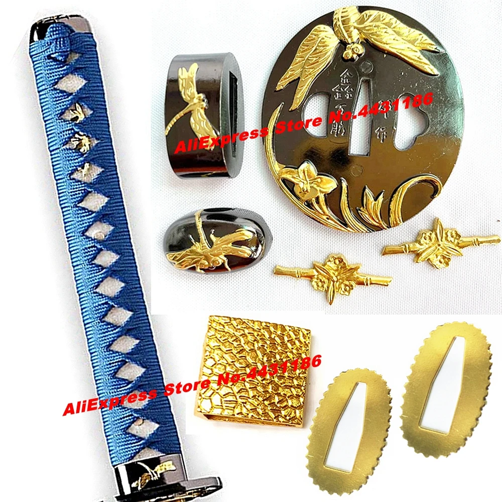 A Set Japanese Sword Handle/Katana Hand Guard Replace Fittings Dragonfly Tsuba+Menuki+Fuchi+Kashira+Tsuka+Habaki+Seppa Accessory