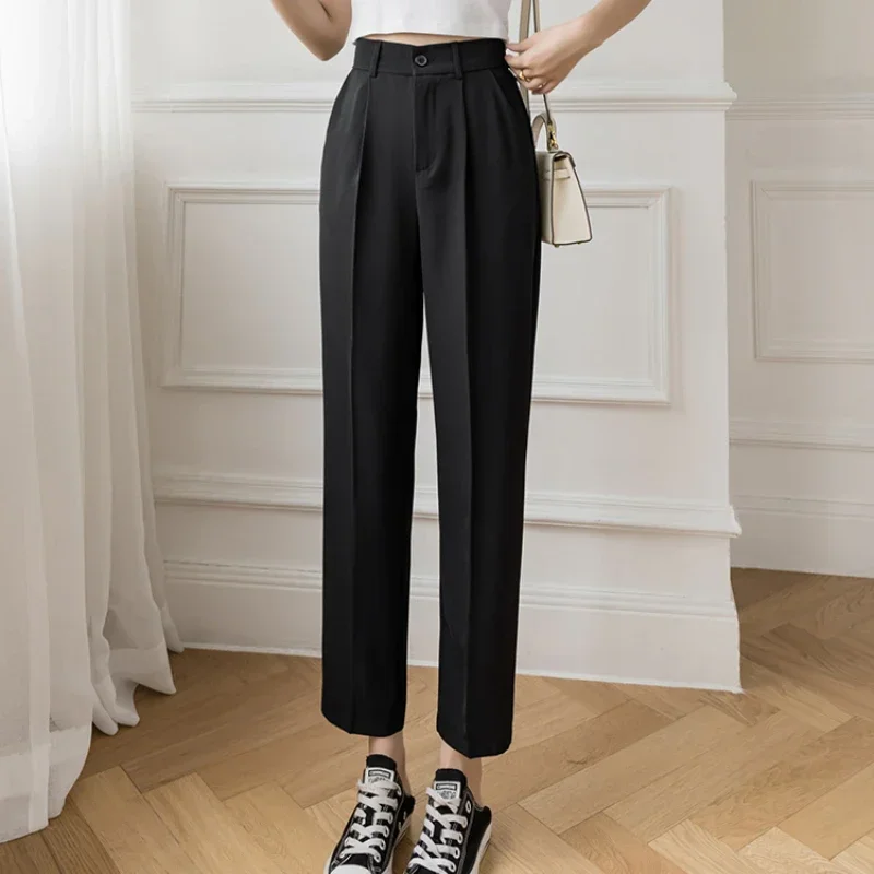 Casual Women Suit Pants Summer Fashion High Waist Black Harem Business Pants Female Korean Style Pocket Thin Nine Point Trousers