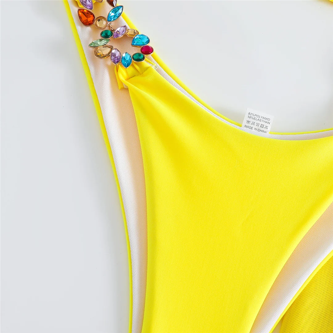 Diamantbesetzter Bikini mit Rock und Neckholder, dreiteiliger Badeanzug für Damen, Badebekleidung, Badeanzug, Schwimmanzug V4849 – Detail 36