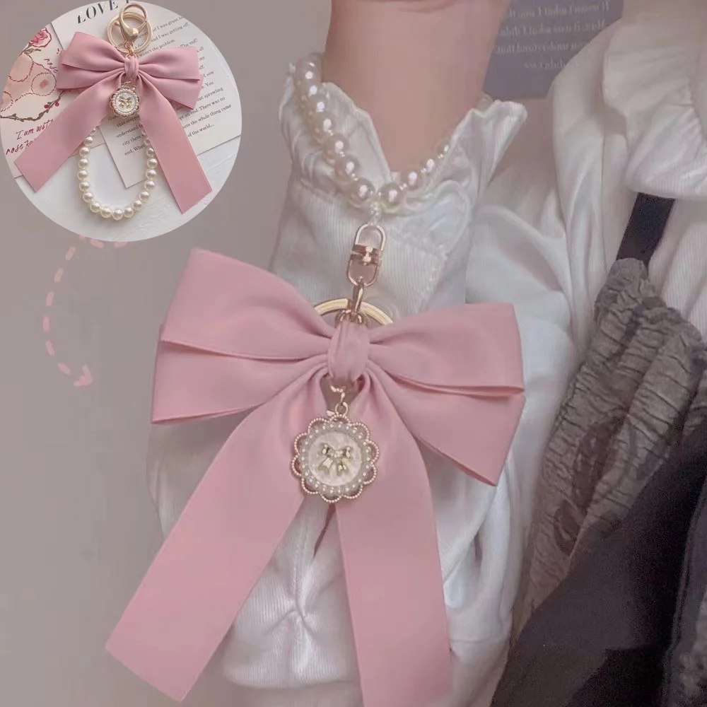 ?Fashion Big Bow Tie Key Chain Imitation Pearl Keyholder Metal Buckle Women Bag Charms Sweet Keychain Headphone Case Accessories