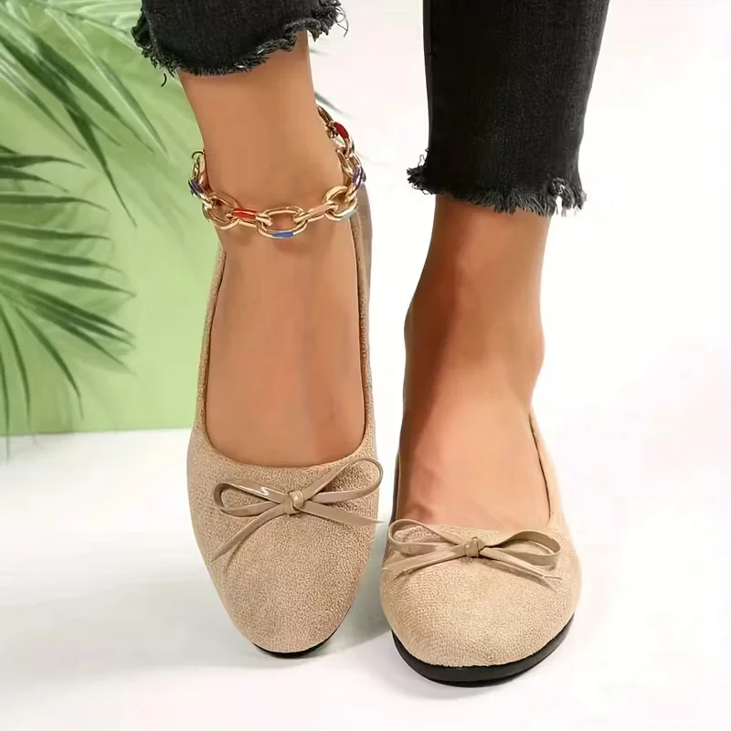 Women's Casual Slip-On Flat Shoes, Solid Color Suede Comfortable Spring and Autumn Work Shoes, Autumn Shoes, Bow-Knot Decoration Lightweight Home Shoes