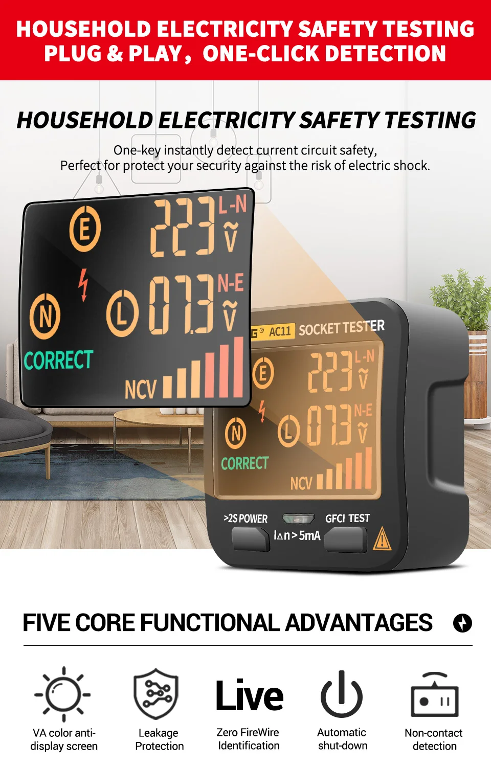 ANENG AC10/AC11 Steckdosendetektor US/EU/UK Stecker Ground Zero Line Stecker Polarität Phasendetektor Steckdosentester Smart Digital Tester – Detail 1