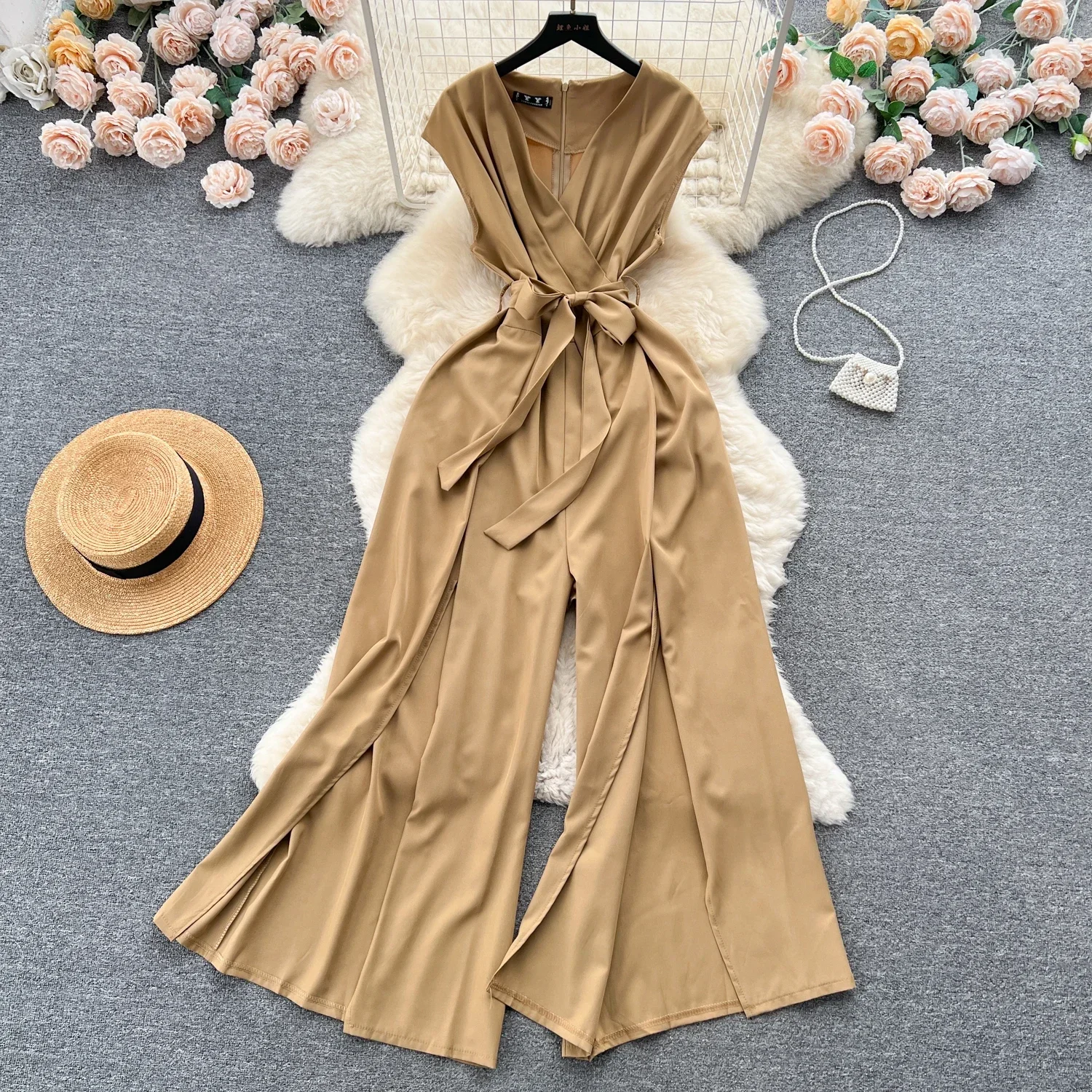 Summer Vintgae Women Wide Leg Jumpsuit Female Elegant V-Nevck Sleeveless High Waist Slim Casual Bandage Romper New Fashion