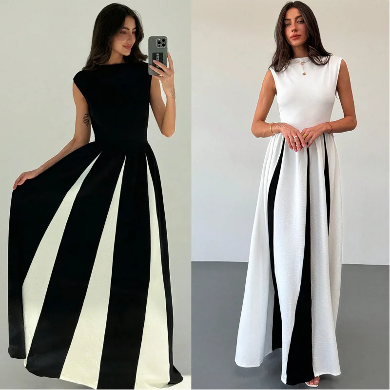 

Elegant Round Neck Sleeveless Waist Cinching Color Block Dress Fashion Evening Dress for Women Long Gown