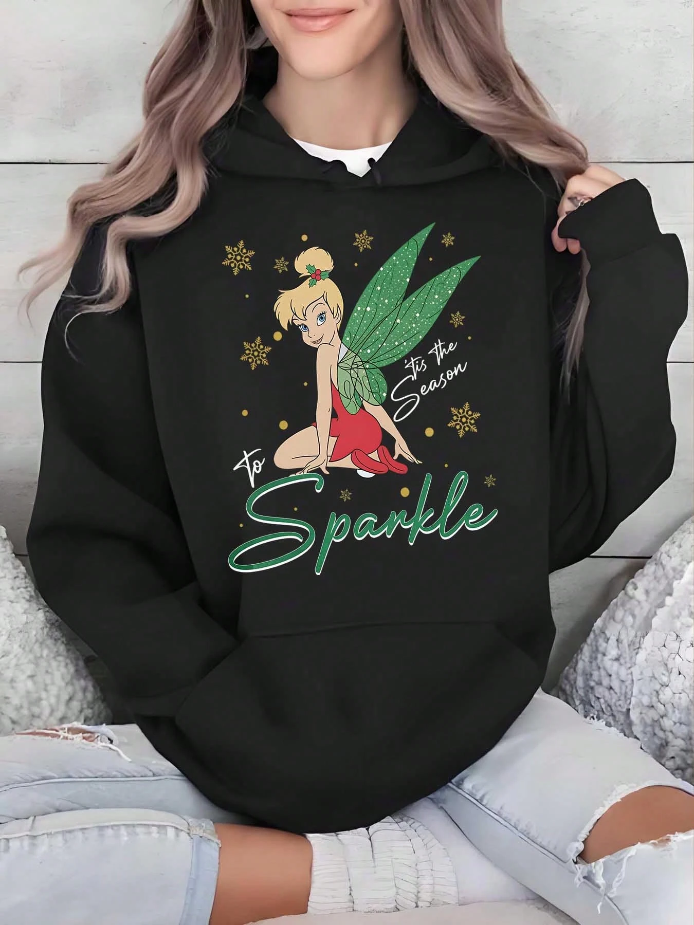 Disney Tinkerbell Hoodie für Damen, Herbst und Winter, Fleece-Kapuzenpullover, Unisex, Streetwear, Übergröße, locker, lässig