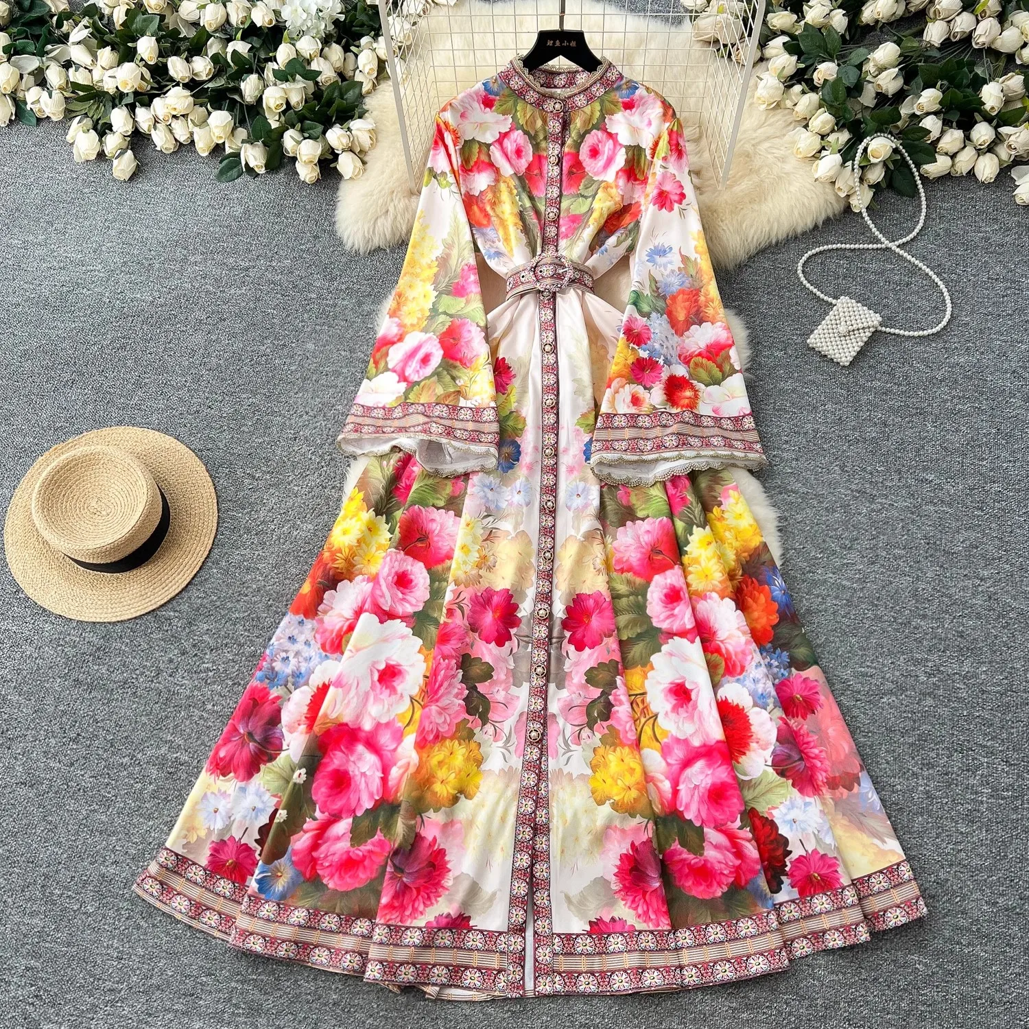 

Summer Holiday Flower Robe Dress Women Lace Splicing Long Flare Sleeve Single Breasted Belt Floral Print Maxi Vestidos Clothes