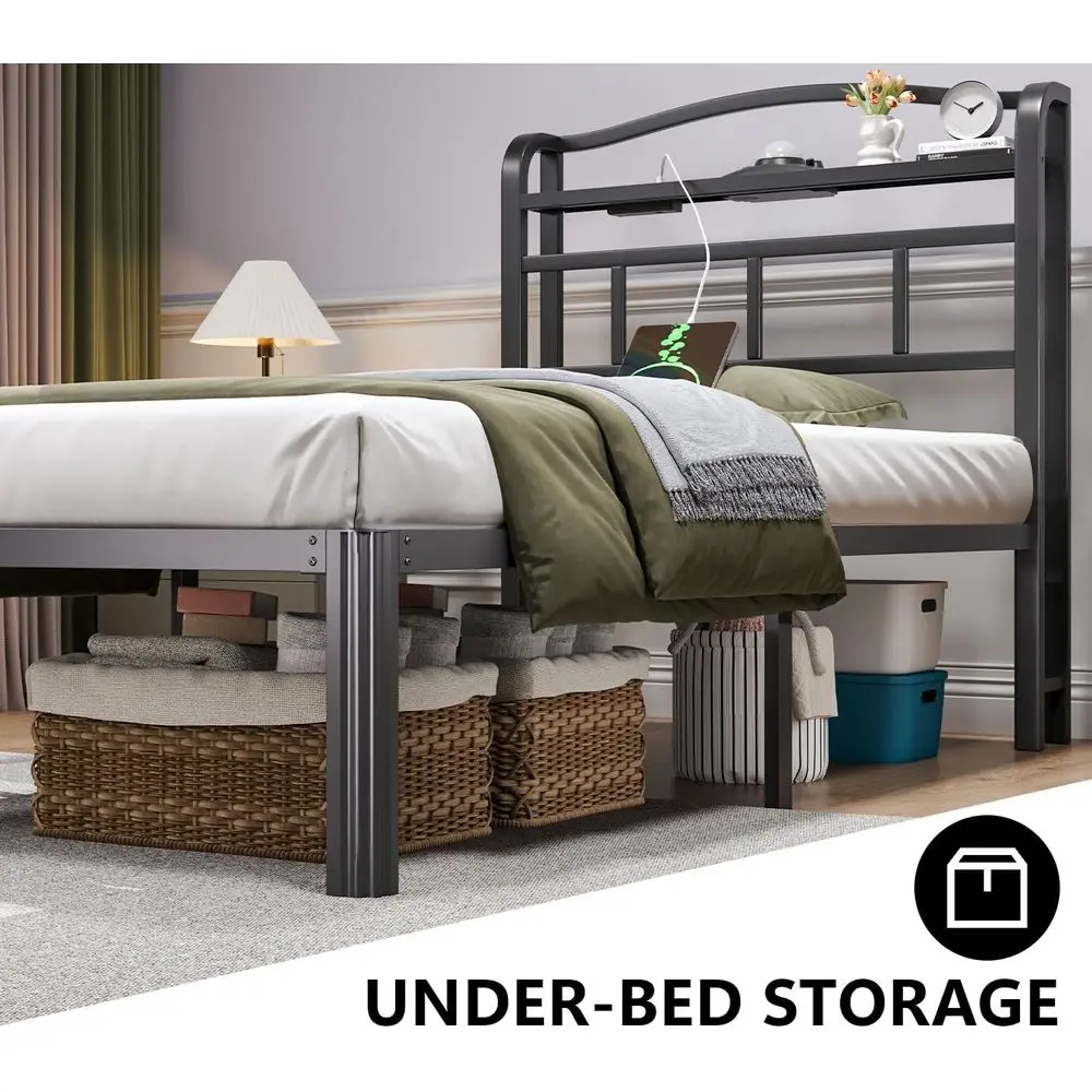 14 Metal Platform Bed Frame with Twin Storage Headboard, Charging Station & Aurora Projector, Box Spring-Free, Easy Assembly, Qu