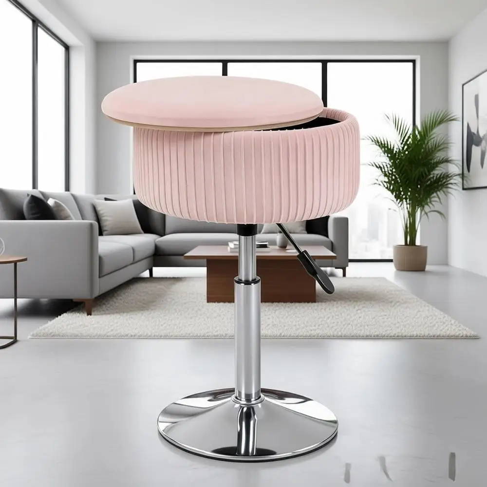 

360° Swivel Velvet Storage Ottoman for Vanity, Makeup, and Bathroom in Pink