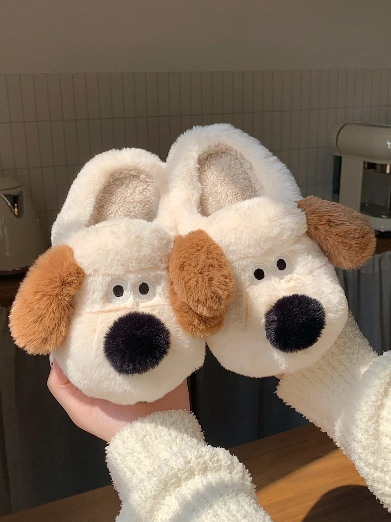 Cute Puppy Children's Cotton Slippers For Women Winter Warmth Boys Girls' Baby Cute Parent-child Plush Home Slipper Shoes Man