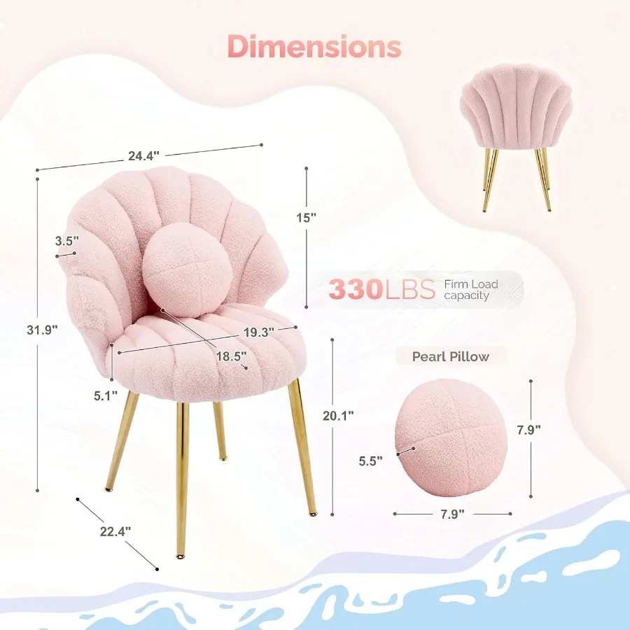 Shell-Shaped Teddy Fleece Accent Vanity Chair with Back, Comfy and Gold Desk Chair No Wheels, Cute Small Pearl Deco Pillow, Gif