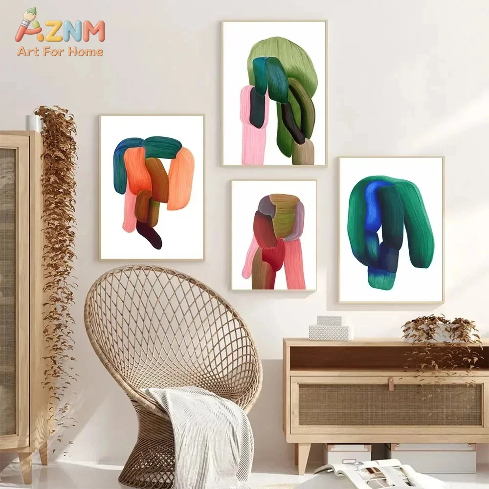 AZNM Ungerahmte abstrakte Pinselstrich-Leinwand-Wandkunst, moderner, farbenfroher 3D-Textur-Ölgemälde-Druck, minimalistischer Boho-Geometrie-Kunstdruck