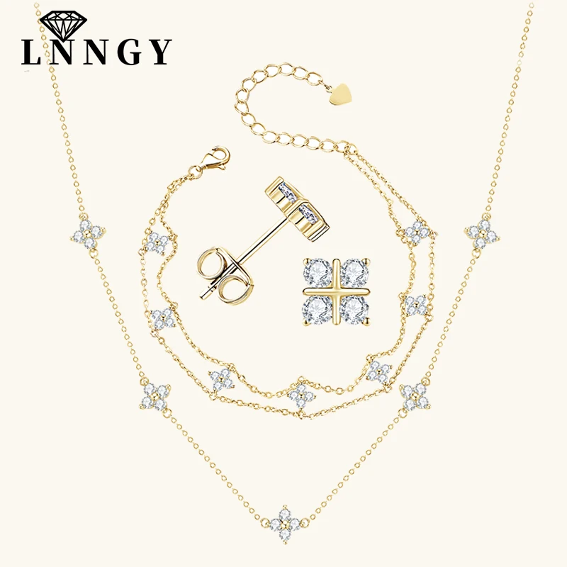 Lnngy Certified Moissanite Choker Necklace Bracelet Earring Exquisite Four Leaf Flower Necklaces Bracelets Stud Earrings Jewelry