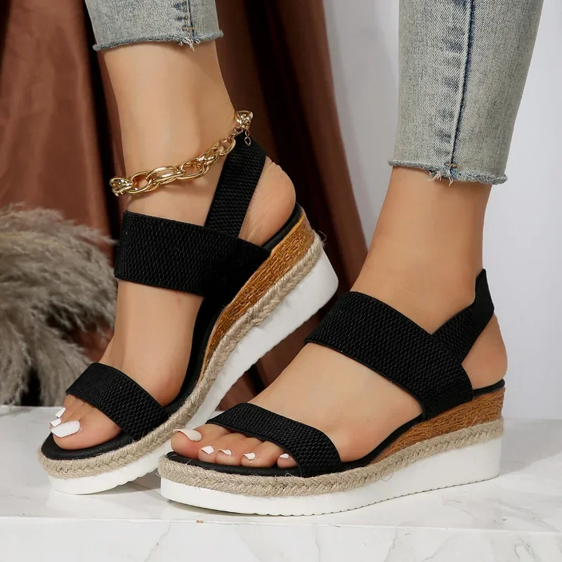 Women's Shoes 2024 Hot Sale Elastic Band Women's Sandals Summer Open Toe Solid Color Wedge Beach Shoes Ladies Platform Sandals